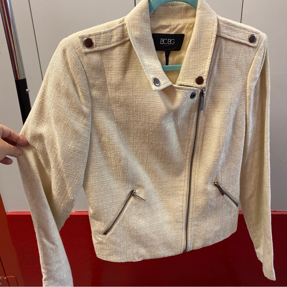BCBG Cream Tweed Motorcycle Zip Jacket | Size 10